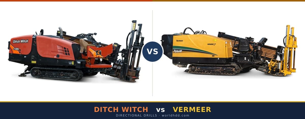 A Ditch Witch JT-series directional drill beside a Vermeer Navigator directional drill, shown side by side for comparison.