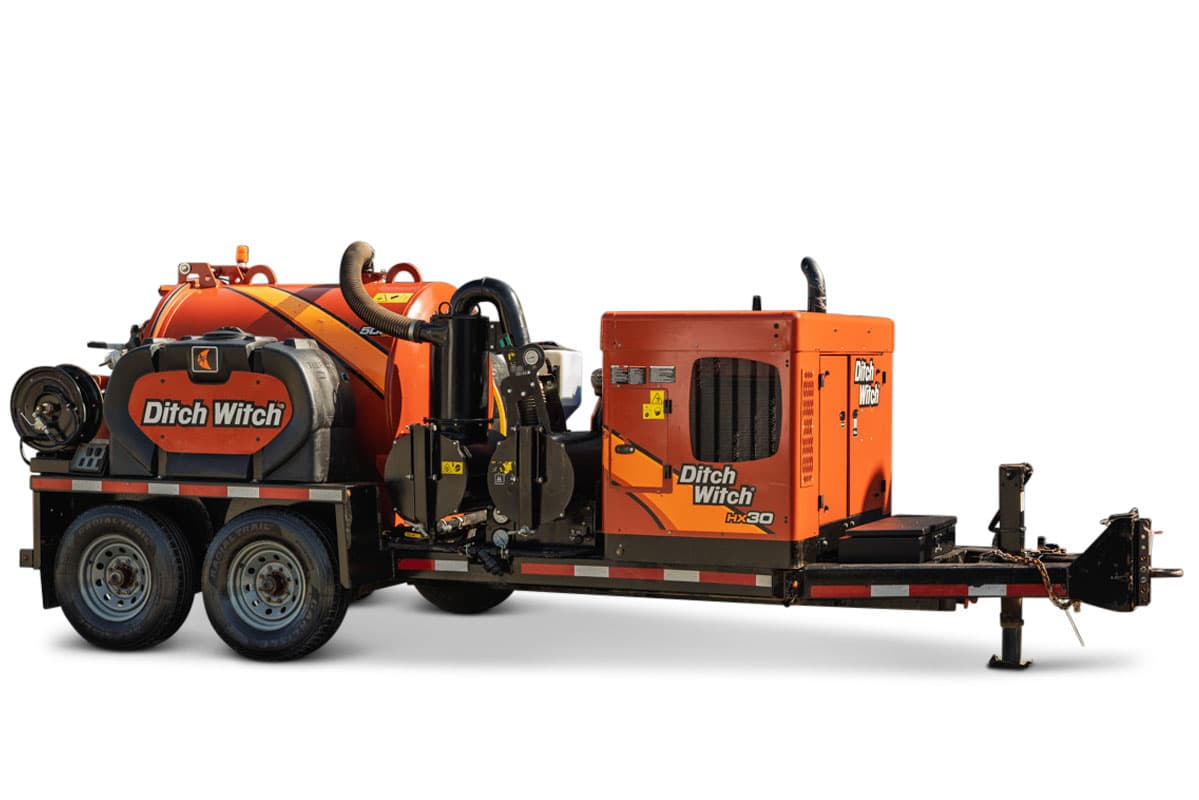 2022 Ditch Witch HX30 trailer-mounted mud recycler, 3/4 view, orange tank, engine module, hose reel, tandem axle, pintle hitch