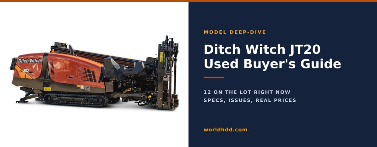 A used 2023 Ditch Witch JT20 directional drill beside the title The Ditch Witch JT20 Used Buyer's Guide.
