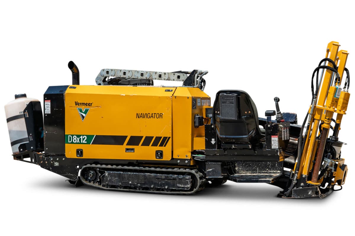 2021 Vermeer D8x12 Navigator HDD drill, 3/4 angle, yellow housing, rubber tracks, drill frame, fluid tank, operator controls visible
