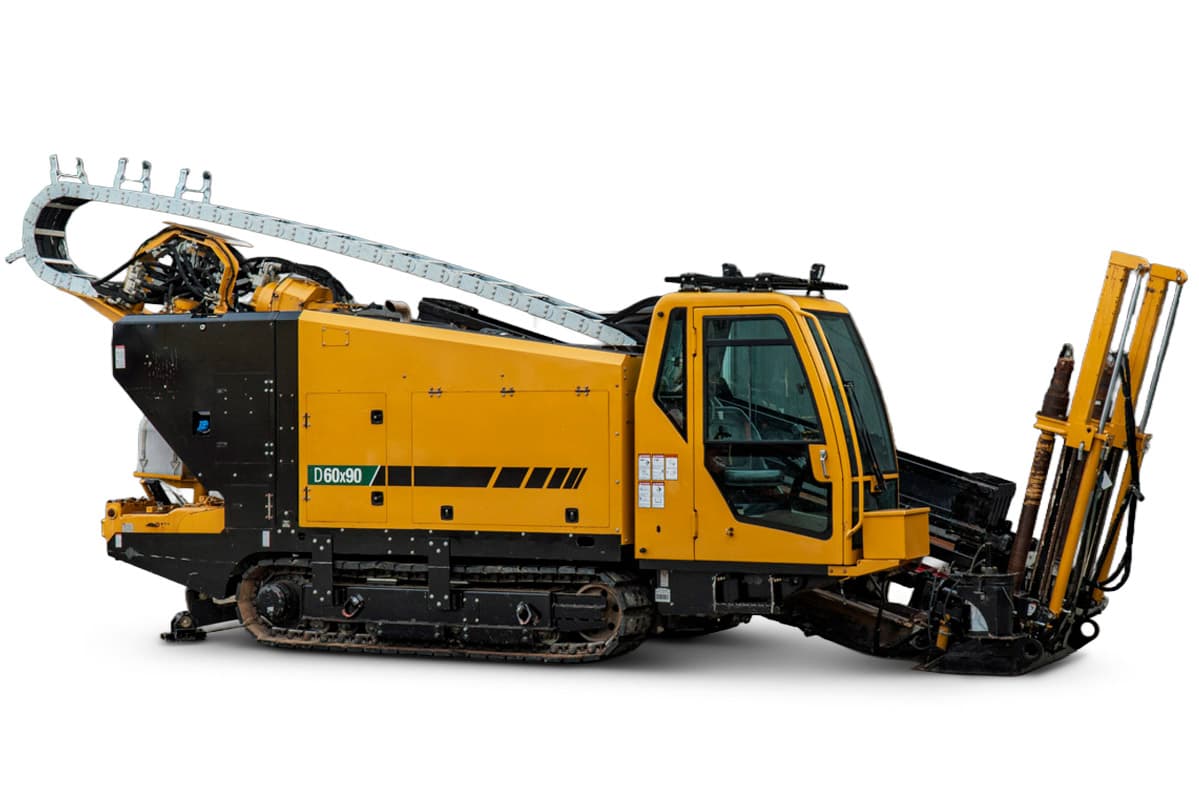 2020 Vermeer D60x90 S3 HDD drill, side profile, yellow cab, enclosed engine compartment, steel tracks, pipe rack with drill stems loaded