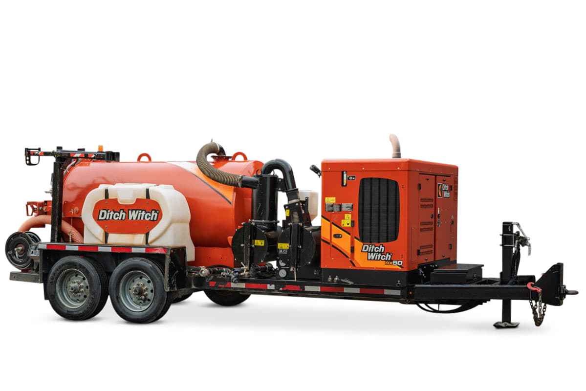 2021 Ditch Witch HX50 mud recycler, trailer-mounted, orange vacuum tank, white fresh-water tank, engine enclosure, dual-axle trailer, 3/4 view