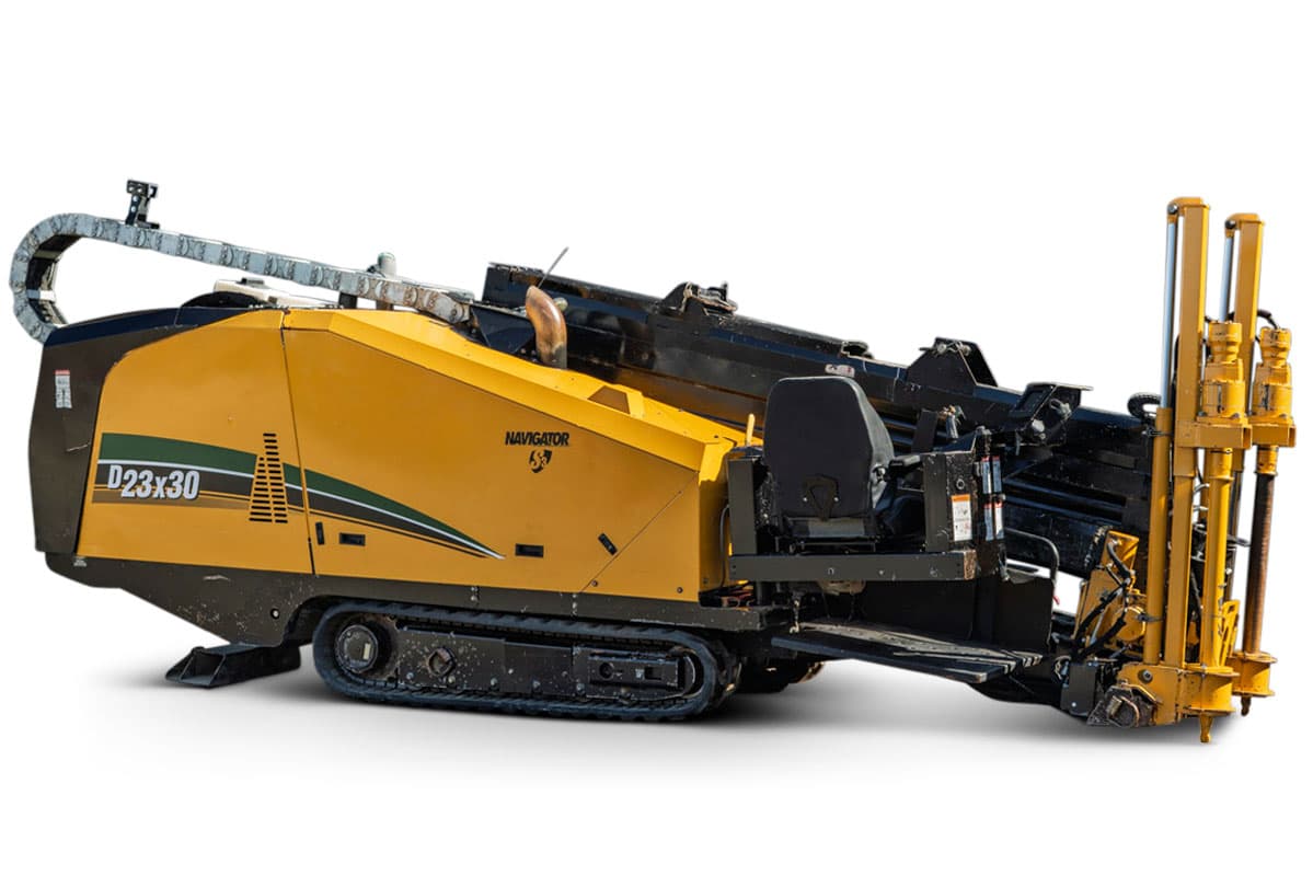 2016 Vermeer D23x30 S3 HDD drill, 3/4 view, yellow, rubber tracks, angled drill frame, pipe loader, operator seat visible