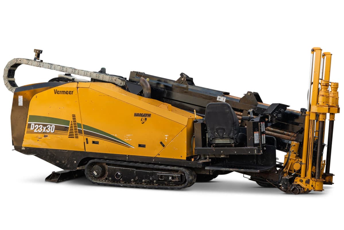 2016 Vermeer D23x30 S3 HDD drill, side view, rubber tracks, operator seat, drill pipe rack, rod loader, cable carrier visible