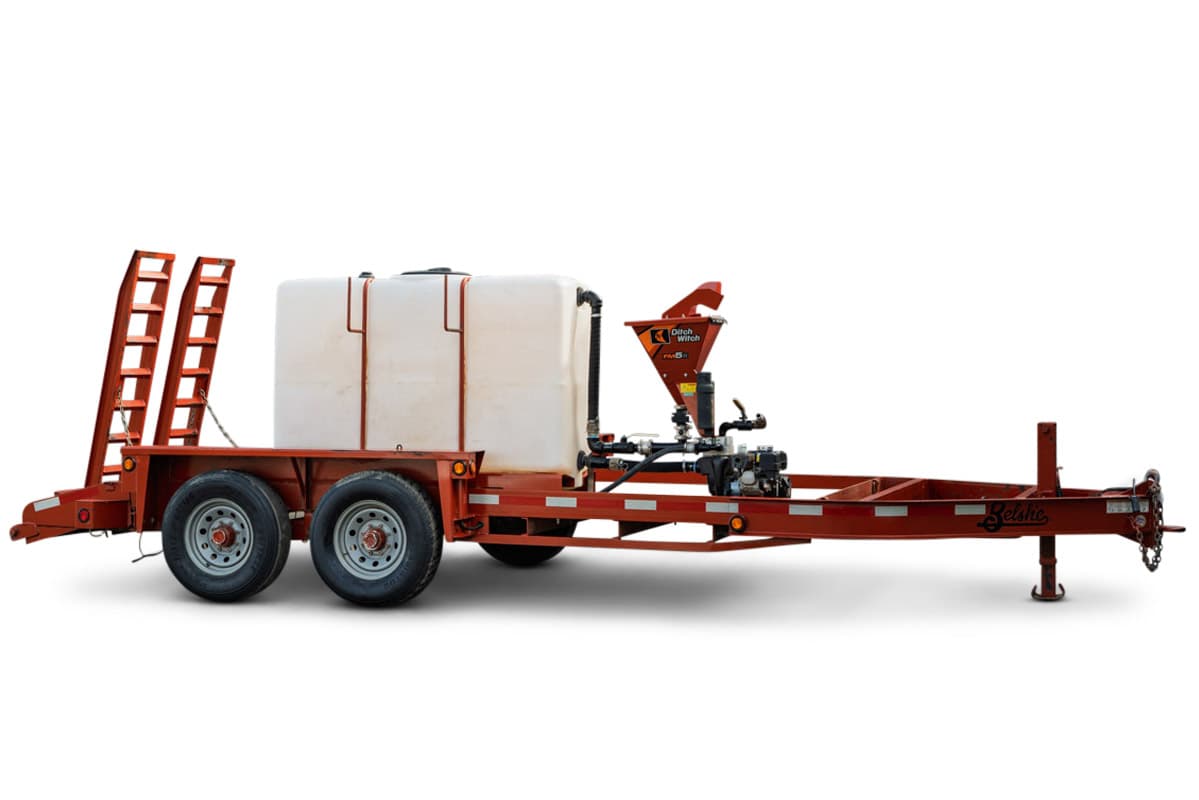 2019 Belshe WB14-2EP mud mixing trailer, side view, red steel frame, poly water tank, Ditch Witch PM5 mixer, twin axle, fold-down ramps