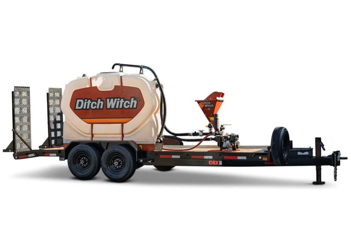 2023 MAXX-D C6X HDD mud mixing trailer, side view, Ditch Witch mixing tank, bentonite hopper, pump system, tandem axle, wood deck