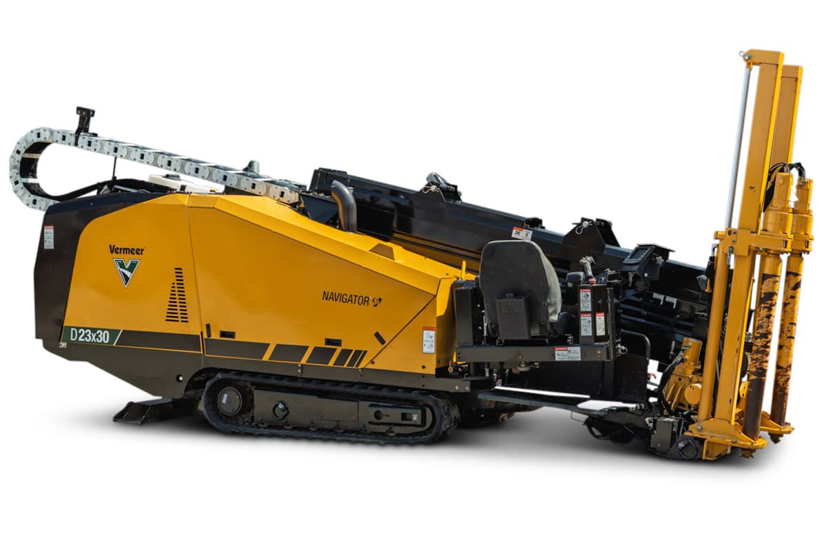 2022 Vermeer D23x30 S3 Navigator HDD drill, 3/4 view, yellow, rubber tracks, drill frame angled, operator seat, cable carrier visible