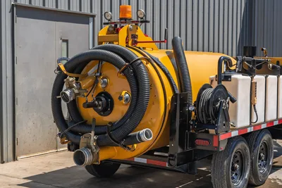 2025 Vermeer LP873SDT vacuum excavator trailer, rear 3/4 view, yellow debris tank, coiled suction hose, hose reel, amber beacon, dual axle