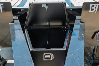 Behnke FB8X30SDPT-40L trailer front toolbox with open lid, locking latch, and chrome pull handle, new condition.