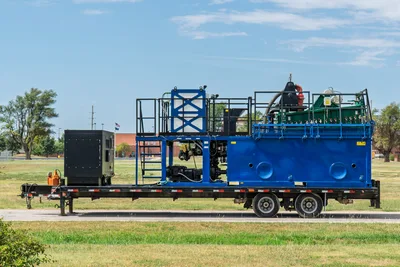 2023 American Augers M300DH mud recycling system on trailer, full side profile, blue tanks, shaker deck, pump assembly