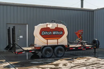 2023 MAXX-D C6X dual-axle mud mixing trailer with Ditch Witch water tank, bentonite hopper, pump, and pipe rack, 3/4 rear view