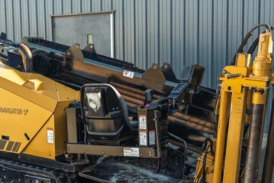 2021 Vermeer D23x30 S3 HDD rig operator station, pipe rack with used 2.375" drill pipe, carriage assembly, yellow frame