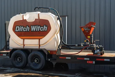 2023 MAXX-D C6X trailer, rear 3/4 view, Ditch Witch water tank, FM5X mud mixer, pump, hoses, tandem axle, clean condition