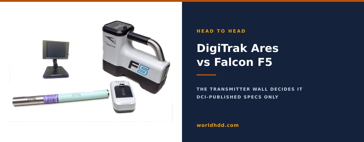 A used DigiTrak Falcon F5 locating system with an AF8 display beside the title DigiTrak Ares versus Falcon F5.