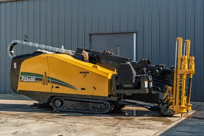 2016 Vermeer D23x30 S3 HDD drill, side profile, rubber tracks, angled drill frame, pipe loader, operator seat visible