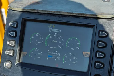 2016 Vermeer D23x30 S3 control panel display showing 3,233 hours, RPM, PSI, temperature, voltage, and fuel gauges