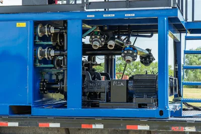 2023 American Augers M300DH mud mixing system, blue skid frame, MCM mix pump, agitator valves, water/mud inlet manifolds, electric motor