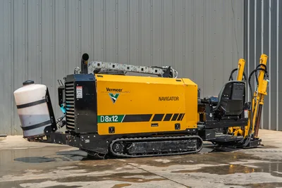 2021 Vermeer D8x12 Navigator HDD drill, side view, rubber tracks, drill carriage, fluid tank, engine exhaust visible, used condition