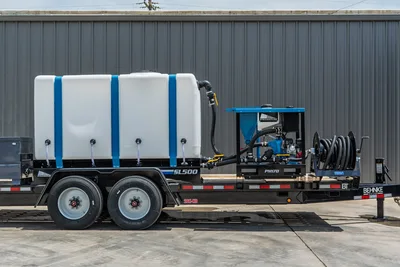 Behnke TBCT2220ET-BT-R 20K-HD trailer with Straightline SL500 water tank, PM170 mud mixer, hose reel, tandem axle, side profile view
