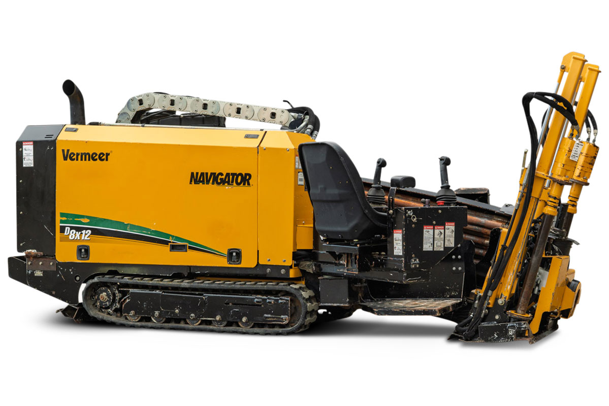 2018 Vermeer D8x12 Navigator HDD drill, 3/4 front view, rubber tracks, drill pipe loaded, operator controls, used condition