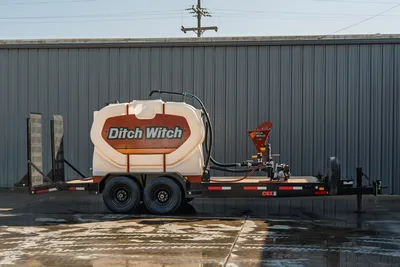 2023 MAXX-D C6X trailer, full side view, Ditch Witch water tank, mud mixing hopper, pump, tandem axle, diamond-plate ramps