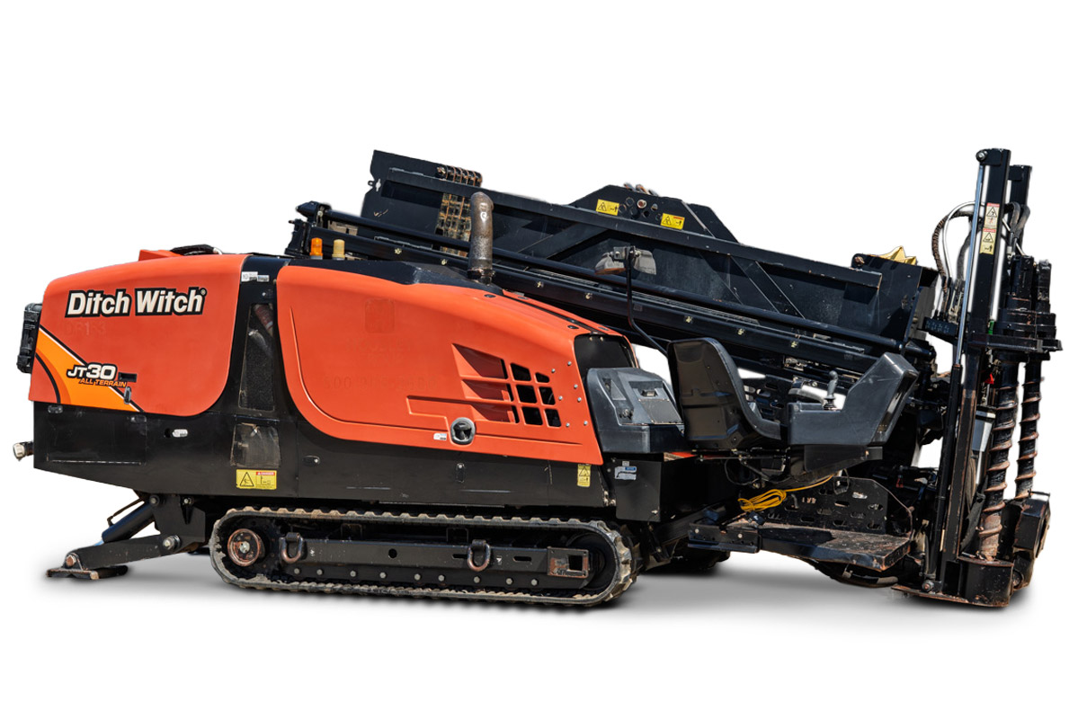 2016 Ditch Witch JT30 All Terrain HDD drill, side profile view of track-mounted unit with engine bay and drill string.
