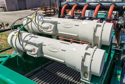 2023 American Augers M300DH mud recycler dual Derrick desander cones, green tank, red discharge manifold piping