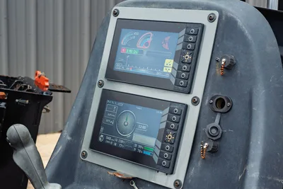 2024 Ditch Witch JT24 dual color touchscreen operator control panel displaying drill guidance and engine data