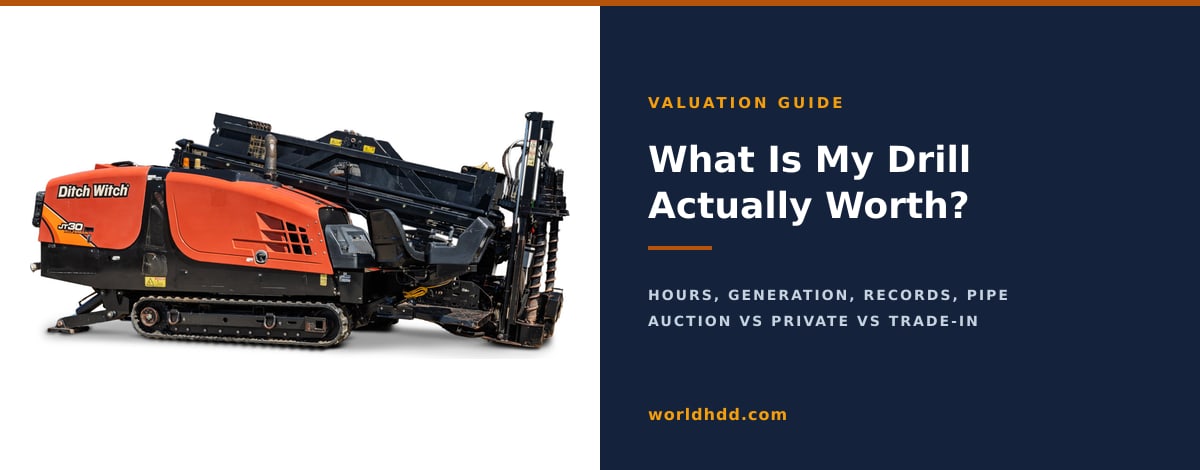 A used Ditch Witch JT30 All Terrain directional drill on the WorldHDD lot beside the title What Is My Drill Actually Worth.