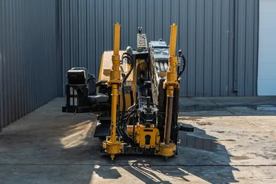 2016 Vermeer D23x30 S3 HDD drill, front view showing thrust frame, dual anchor posts, carriage, operator seat, hydraulic lines
