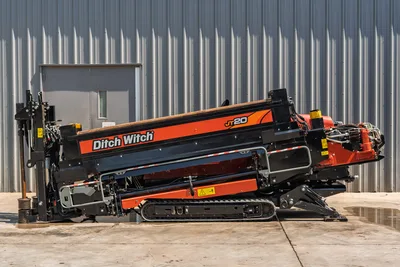 2022 Ditch Witch JT20 HDD drill, full profile view, angled drill frame, rubber tracks, vise assembly, hydraulic components visible