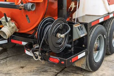 2019 Ditch Witch HX30 mud vacuum, rear view of axle assembly, hose reel, control panel, and valve components.
