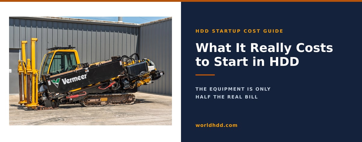 A used Vermeer D24x40 directional drill beside the title What It Really Costs to Start in HDD, with the line the equipment is only half the real bill.
