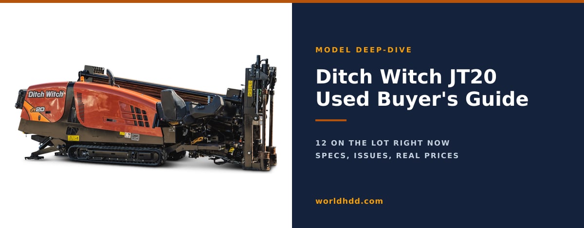 A used 2023 Ditch Witch JT20 directional drill beside the title The Ditch Witch JT20 Used Buyer's Guide.