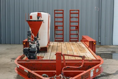 2019 Belshe WB14-2EP mud mixing trailer, rear view, wood deck, white poly tank, bentonite hopper, Honda engine, fold-down ramps