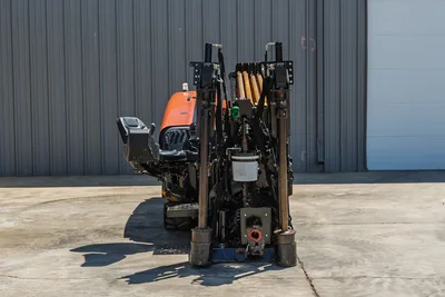 Rear view of 2021 Ditch Witch JT20 HDD drill featuring rack and pinion system, anchor stabilizers, and drill pipe carriage.