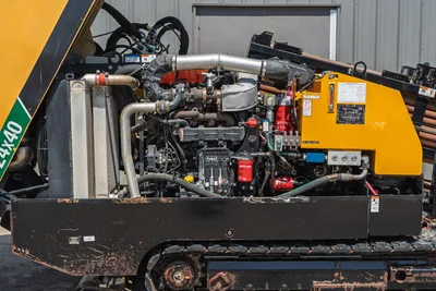 2020 Vermeer D24x40 S3 open engine compartment, turbo diesel engine, hydraulic system, red filters, radiator, rubber tracks visible