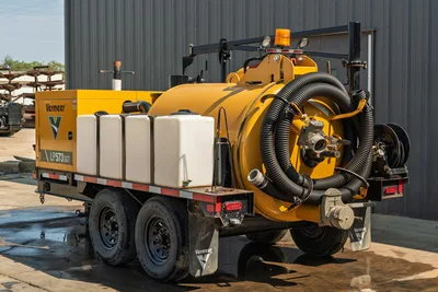 2024 Vermeer LP573SGT vacuum excavator, rear three-quarter view showing spoil tank, suction hose, and water storage tanks.