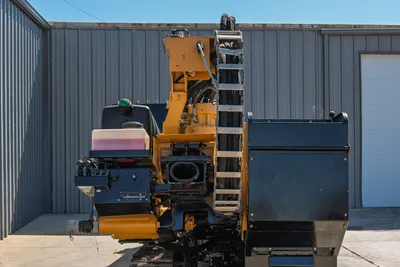 2021 Vermeer D40x55 S3 HDD drill, rear view showing carriage, drill frame, hydraulic hoses, operator controls, fluid tank, and rubber tracks