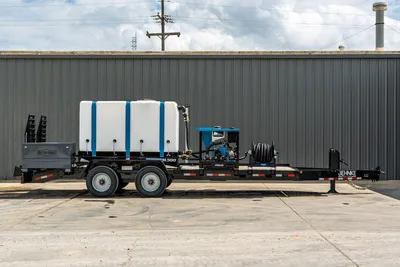 2026 Behnke CBCT2324E-BT-R HDD mud mixing trailer, full side view, SL500 water tank, PM170 mixer, hose reel, Better Built toolbox