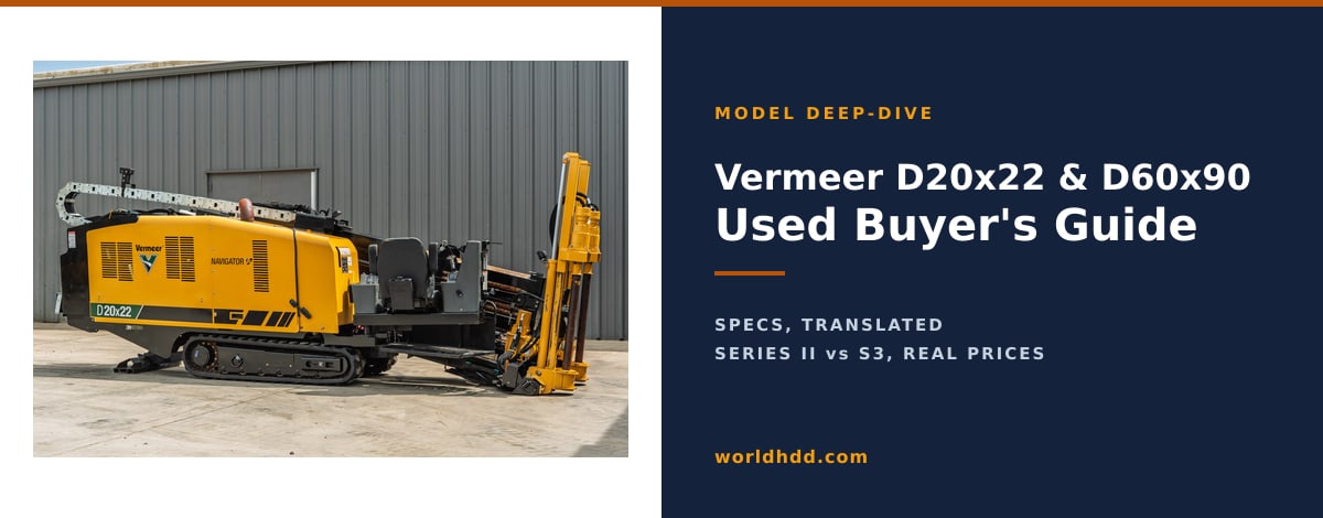 A used 2024 Vermeer D20x22 S3 directional drill beside the title Vermeer D20x22 and D60x90 Used Buyer's Guide.