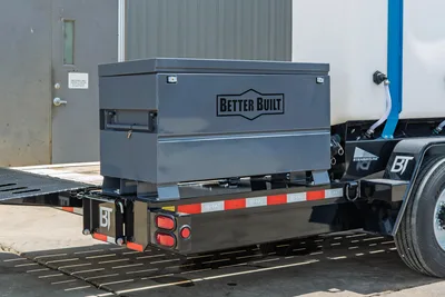 Behnke TBCT2220ET-BT-R trailer rear deck with Better Built steel job box, red reflectors, BT branding, and Straightline components visible.
