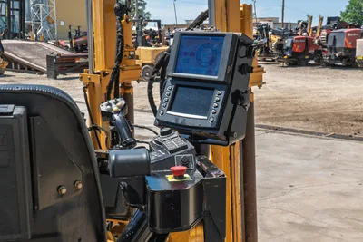 2020 Vermeer D24x40 S3 operator controls with dual display locator screens, joystick, and red emergency stop button