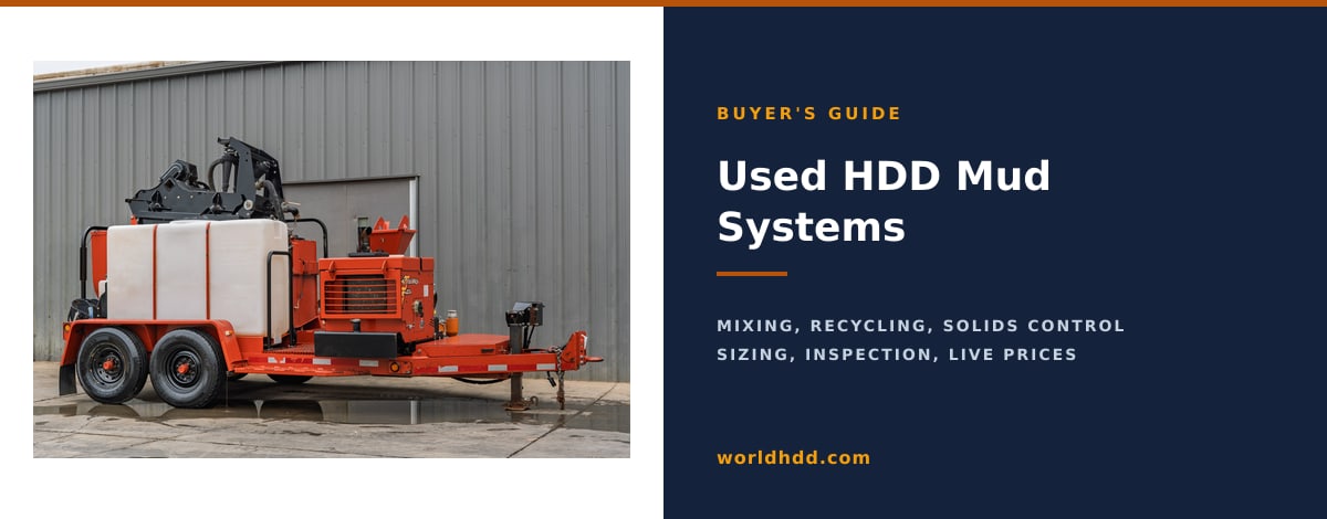 A used Ditch Witch MR90 mud recycler on the WorldHDD lot beside the title Used HDD Mud Systems, mixing, recycling and solids control.