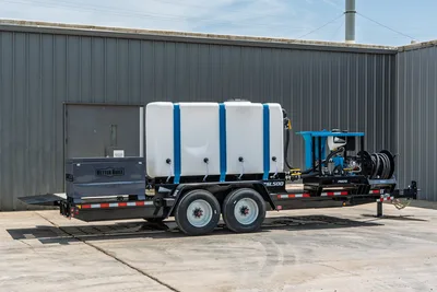 Behnke TBCT2220ET-BT-R HDD mud mixing trailer, tandem axle, white poly tanks with blue straps, pump unit, hose reel, Better Built toolbox