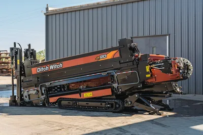 2023 Ditch Witch JT20 HDD drill, side profile, angled drill frame raised, rubber tracks, spindle visible, clean condition
