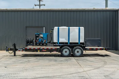 2026 Behnke TBCT2220ET-BT-R HDD mud mixing trailer, side view, SL500 poly tank, blue mixing unit, hose reel, tandem axle, toolbox