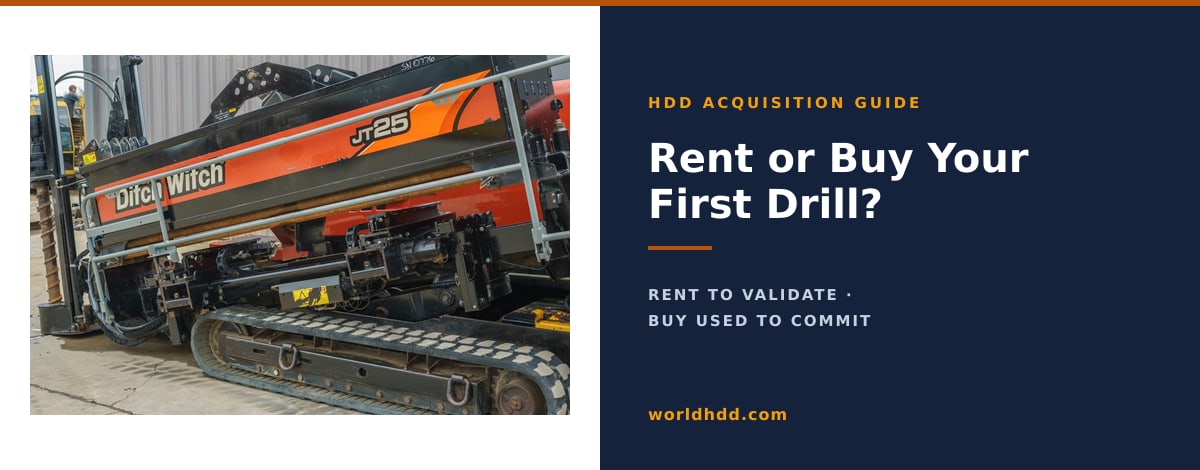A used Ditch Witch JT25 directional drill beside the title Rent or Buy Your First Drill, with the line rent to validate, buy used to commit.