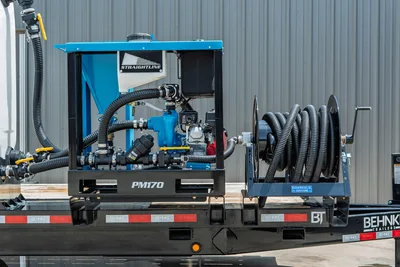 Behnke TBCT2220ET-BT-R trailer with Straightline PM170 mud mixer and Coxreels hose reel, suction hoses, pumps, fittings