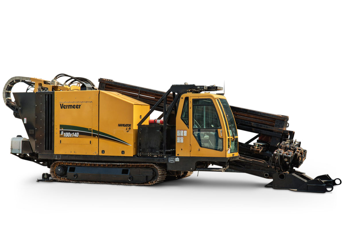 2017 Vermeer D100x140 S3 Navigator HDD rig, full profile view, yellow cab, loaded drill pipe rack, rubber tracks